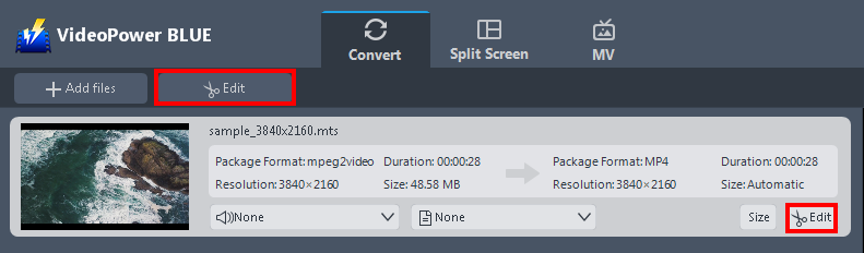 Convert video, Convert VOB to MP4 without losing quality, click the edit button.