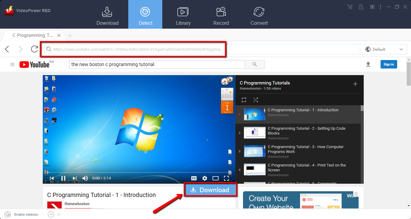 download video, download YouTube clips, download using detect 