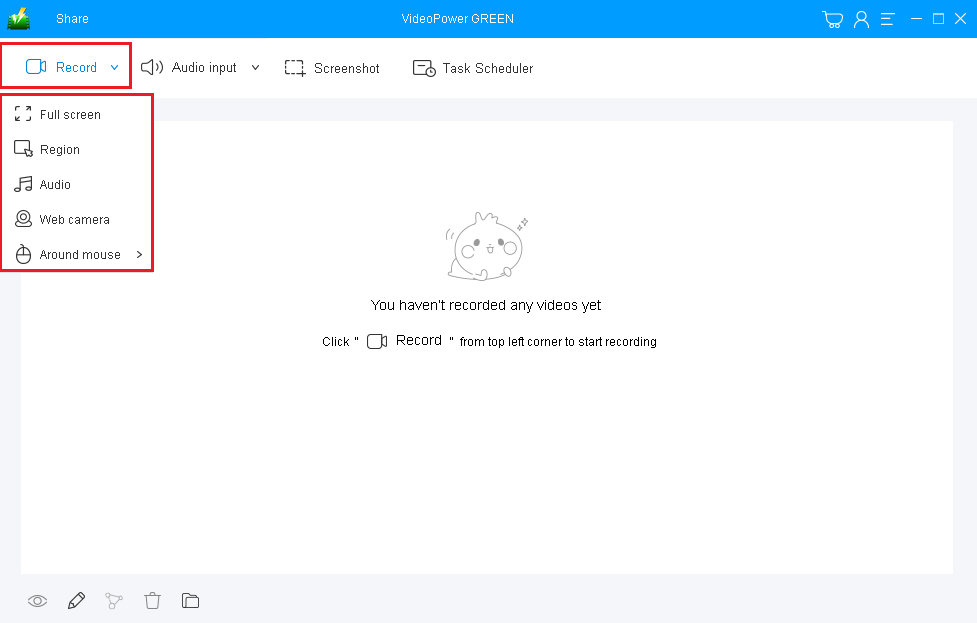 record screen, screen record mouse cursor, set audio input and mode