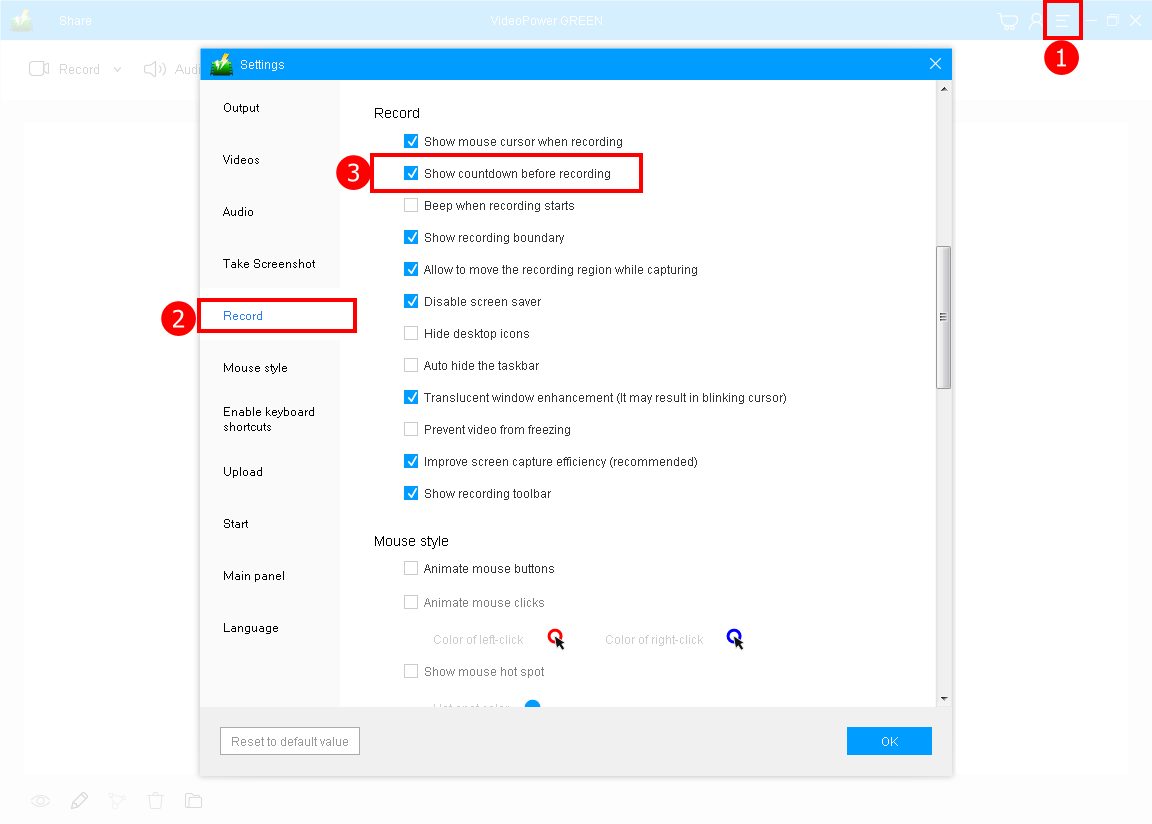 record screen, countdown recording schedule, adjust the settings before recording