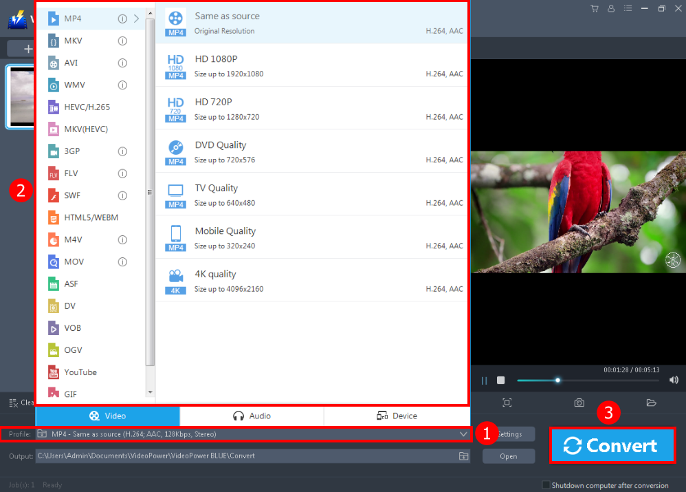 Edit video, replace audio in the video without re-encoding, choose output format and convert
