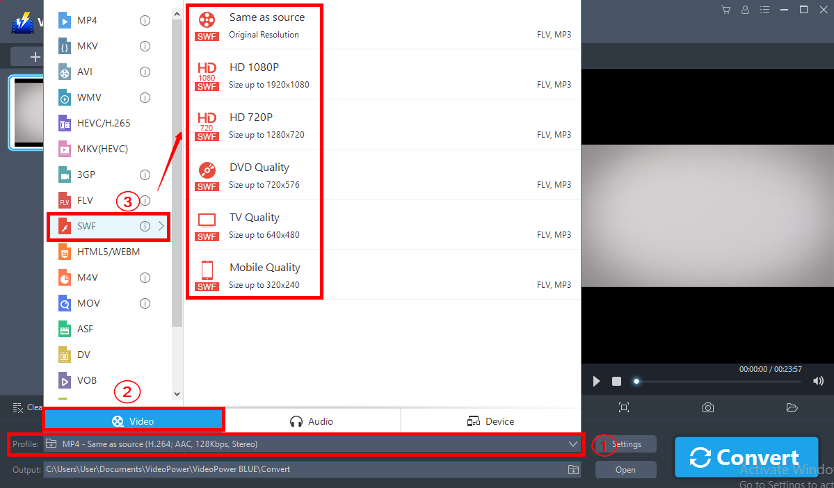 Convert video to swf, convert video to swf format, choose video format