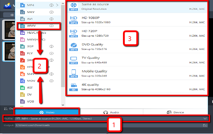 convert video to Windows Media Player, VideoPower BLUE, output format