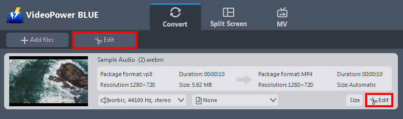 Convert video, Convert WebM format to AVI, click the edit button