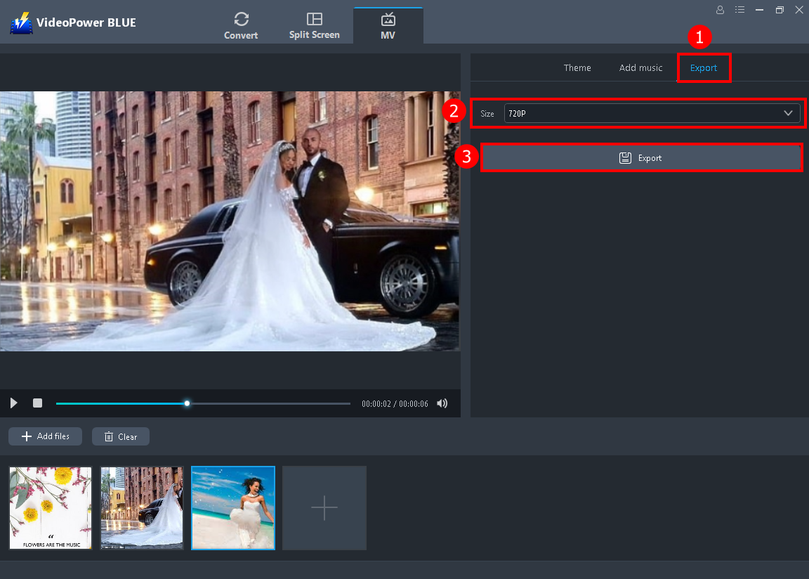 edit video, create wedding invitation slideshow, export the file